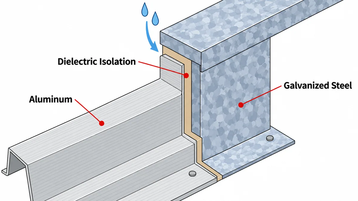 Cutaway of an aluminum channel meeting a galvanized steel member with a dielectric isolation layer between them, and water droplets running down toward the joint