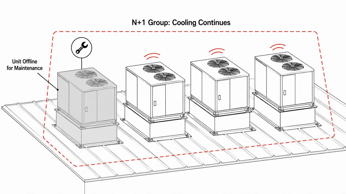 Four rooftop HVAC units on curbs in an N+1 group, one unit offline for maintenance while the other three keep running, illustrating Tier III concurrent maintainability