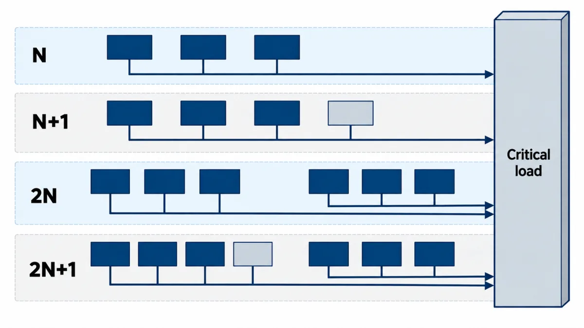 Block diagram comparing N, N+1, 2N and 2N+1 redundancy, showing spare units and duplicate systems