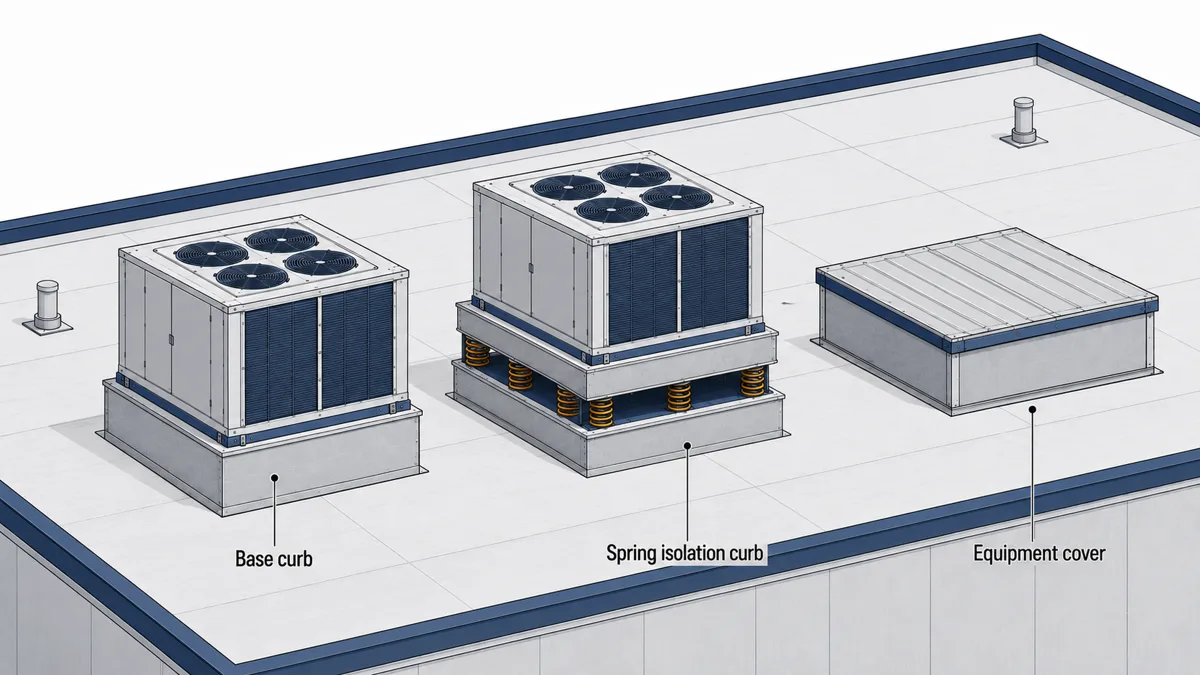 Isometric view of a data center roof showing the three curb types a build typically requires: a fully welded insulated base curb under a packaged rooftop unit, a spring isolation curb with steel springs between base and upper curb, and a low equipment cover closing an open curb