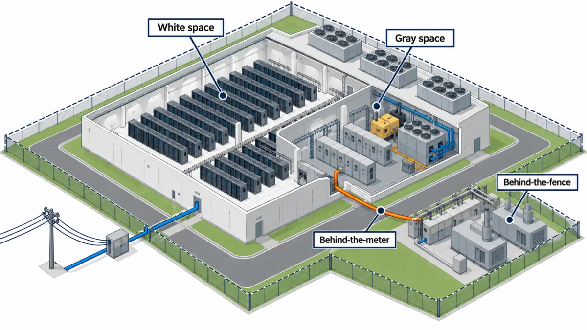 Isometric data center campus labeling white space, gray space, a behind-the-meter feed, and a behind-the-fence zone