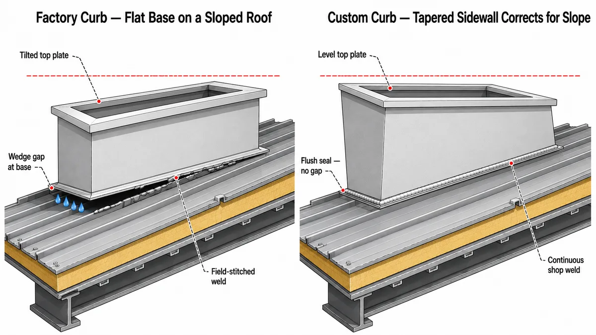 Side-by-side cutaway comparison: a factory curb with a tilted top plate, wedge gap at the base and field-stitched weld, next to a custom curb whose tapered sidewall sets a level top plate with a flush seal and continuous shop weld