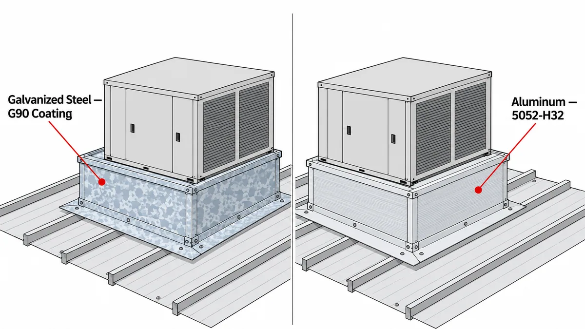 Side-by-side comparison of two rooftop HVAC units on metal roof curbs: a galvanized steel curb with G90 coating on the left and an aluminum 5052-H32 curb on the right, both on a ribbed metal roof