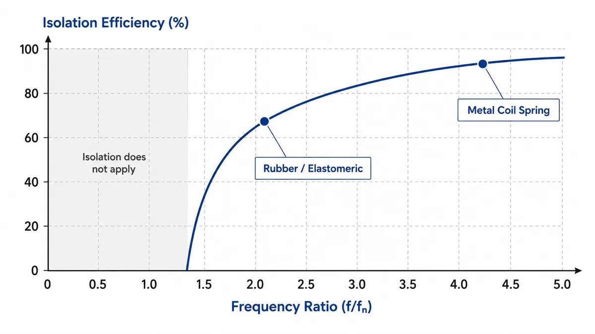Isolation efficiency plotted against frequency ratio, with isolation not applying below a ratio of about 1.4, a rubber or elastomeric isolator marked near 65% efficiency and a metal coil spring isolator marked above 90%