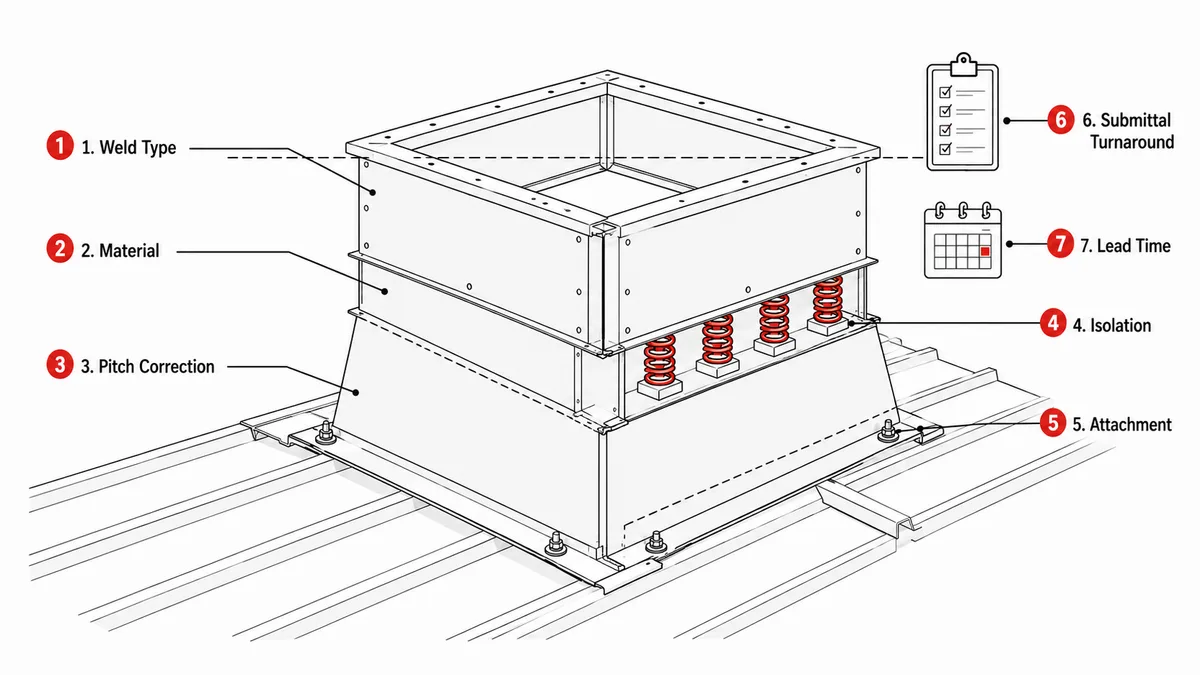 Cutaway diagram of a spring isolation roof curb on a sloped metal roof with the seven spec checklist items called out: weld type, material, pitch correction, isolation springs, attachment, submittal turnaround and lead time
