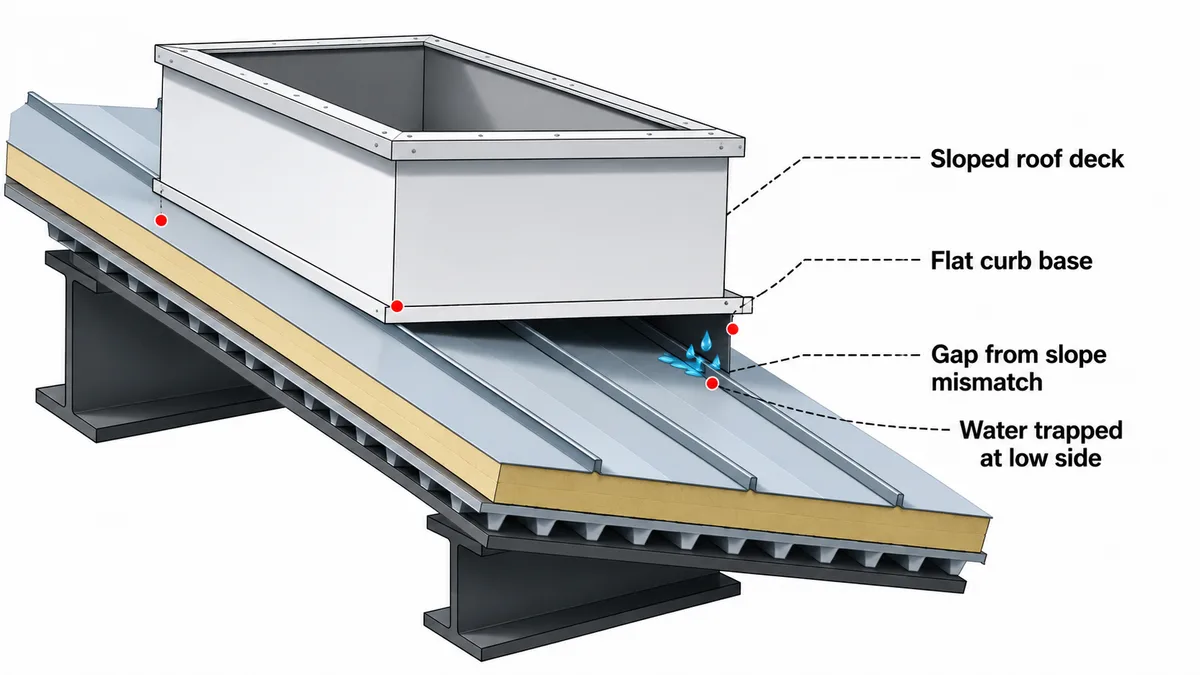Cutaway of a factory flat-bottom roof curb sitting crooked on a sloped PEMB roof deck, with callouts marking the flat curb base, the wedge gap from the slope mismatch and water trapped at the low side