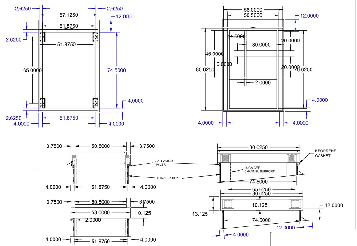 Dimensioned roof curb shop drawing in plan, elevation and section, with callouts for the 2x4 wood nailer, 1 inch insulation, 14 ga cee channel support and neoprene gasket