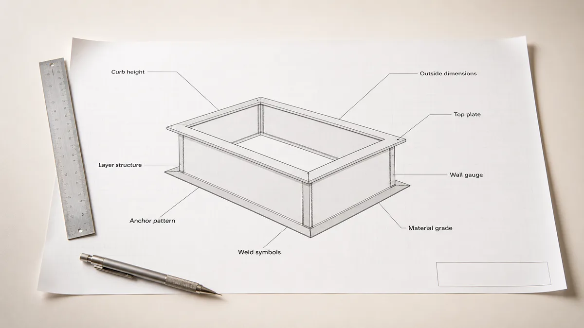 Printed roof curb drawing annotated with callouts for curb height, outside dimensions, top plate, wall gauge, material grade, weld symbols, anchor pattern and layer structure