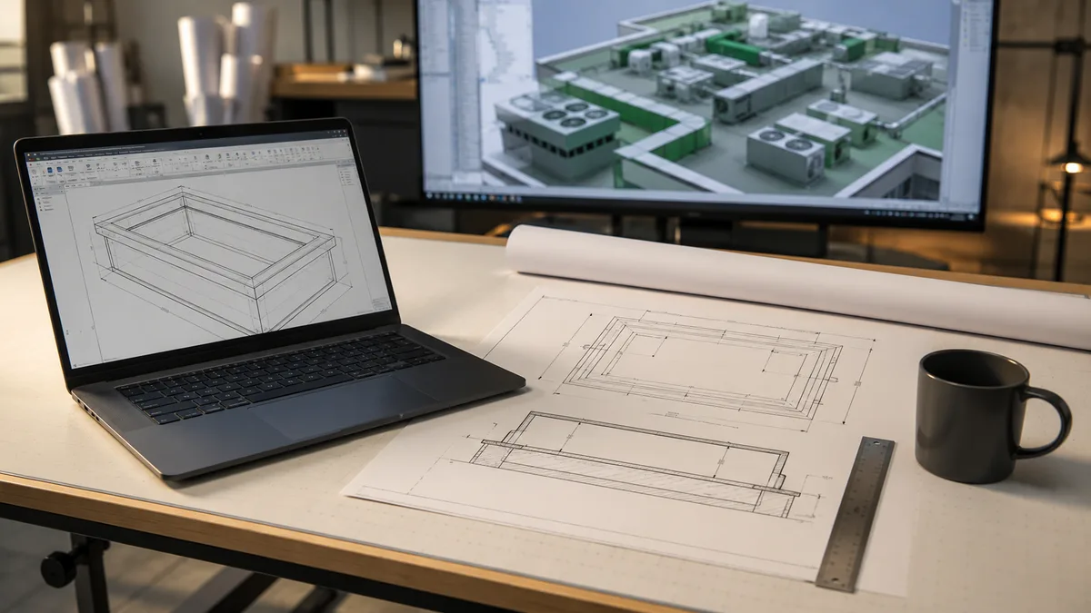 Roof curb drawing open in CAD on a laptop beside a printed, dimensioned curb detail and a rooftop equipment model on a monitor