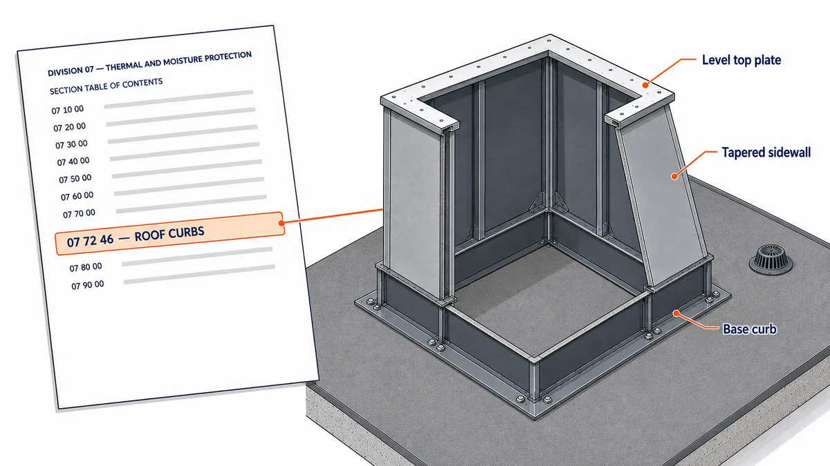 CSI Division 07 section list with 07 72 46 Roof Curbs highlighted, linked to a cutaway of a pitch-corrected roof curb showing level top plate, tapered sidewall and base curb