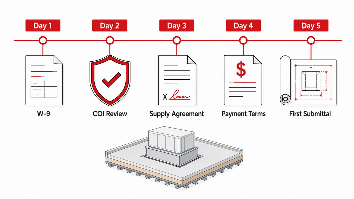 Five-day vendor-add timeline for a roof curb supplier, with day 1 W-9, day 2 COI review, day 3 supply agreement, day 4 payment terms and day 5 first submittal, above a rooftop HVAC unit set on a curb