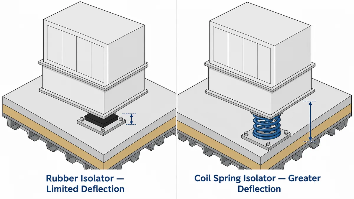 Side-by-side cutaway comparison of a rooftop HVAC unit on a rubber isolator with a fraction of an inch of deflection and the same unit on a coil spring isolator with several inches of deflection, both dimensioned on a metal deck roof