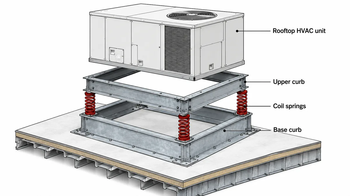 Cutaway diagram of a two-piece spring isolation curb: base curb, coil springs, upper curb, and rooftop HVAC unit
