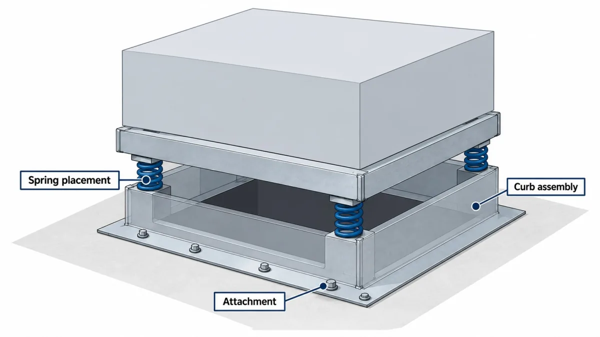 Spring isolation curb under a rooftop unit, labeling the curb assembly, spring placement, and attachment to the structure