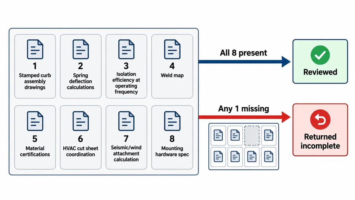 Eight-item spring isolation curb submittal: a package with all eight items is reviewed, one with any item missing is returned incomplete