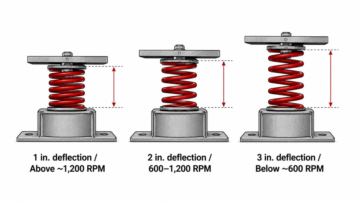 Comparison of 1-inch, 2-inch, and 3-inch spring deflection levels by HVAC equipment RPM range