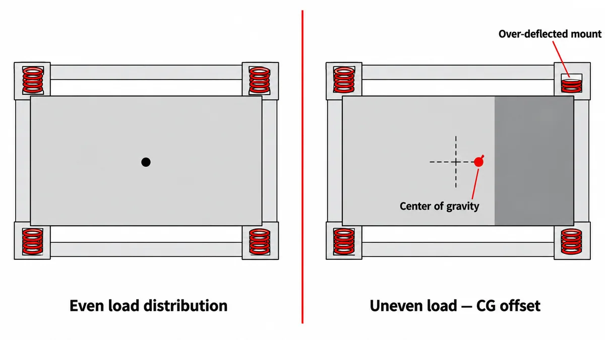 Plan view comparing a spring isolation curb with even load distribution and a centered center of gravity against one with the center of gravity offset toward a heavy section, where the nearest spring mount is over-deflected