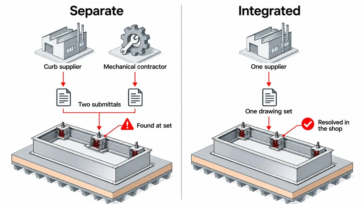 Diagram comparing separate procurement of curb and spring mounts with one integrated package and a single drawing set