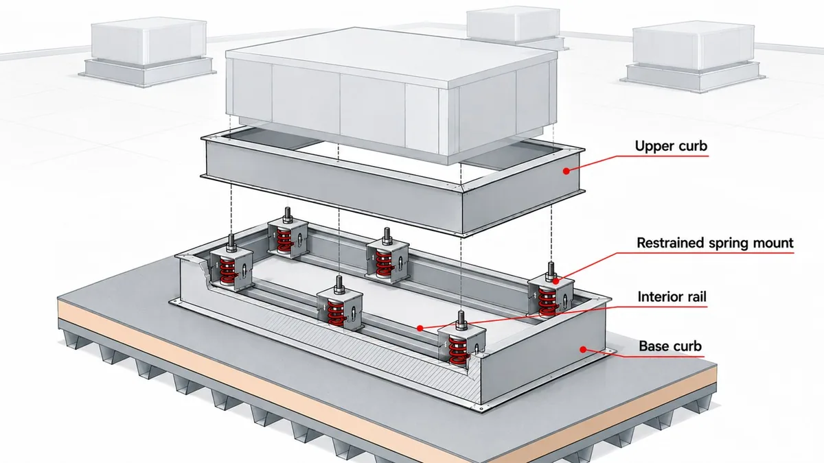 Spring mount roof curb: restrained spring mounts seated on the base curb interior rails beneath the upper curb