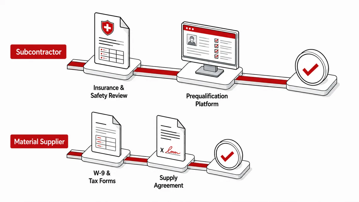 Two onboarding paths compared: a subcontractor path routing through insurance and safety review and a prequalification platform, and a shorter material supplier path routing through W-9 and tax forms and a supply agreement