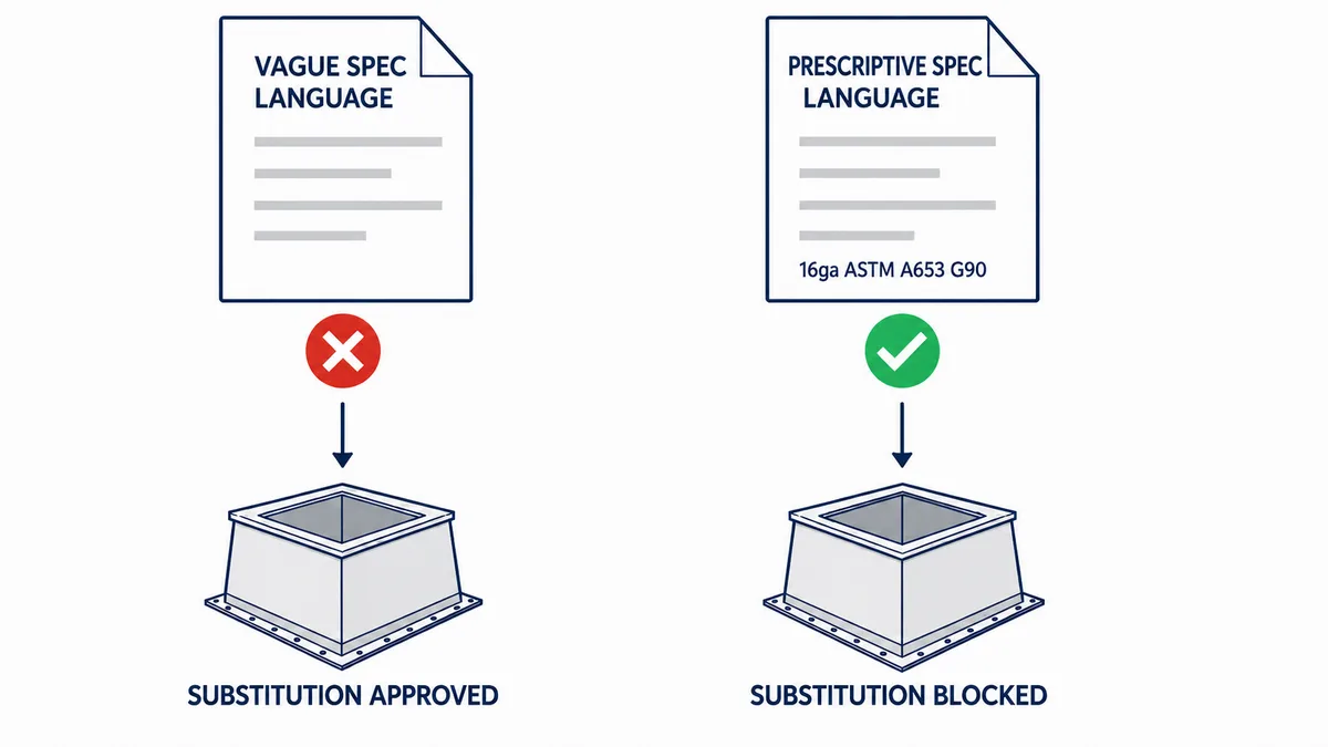 Side-by-side comparison: vague spec language leads to substitution approved, prescriptive language citing 16 ga ASTM A653 G90 leads to substitution blocked
